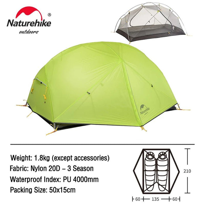 Naturehike Mongar 2 - persoons ultralichte tent - 20D nylon - Waterdicht en compact voor backpacking - Bivakshop