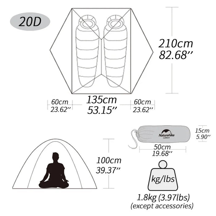 Naturehike Mongar 2 - persoons ultralichte tent - 20D nylon - Waterdicht en compact voor backpacking - Bivakshop