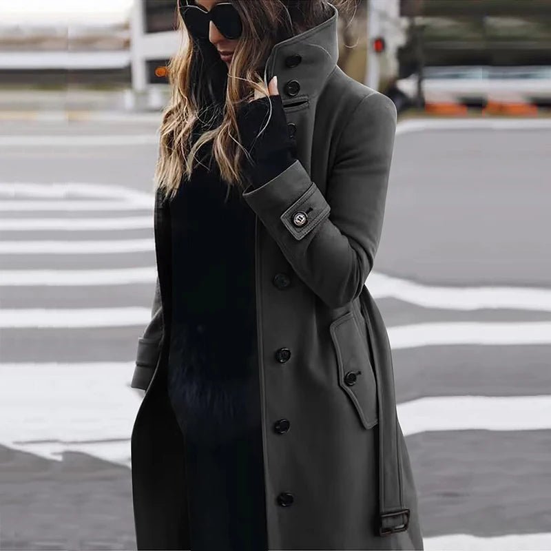 Nieuwe dames lange wollen jas - Warme herfstjas met hoge kraag - Casual trenchcoat met zakken en riem - Bivakshop