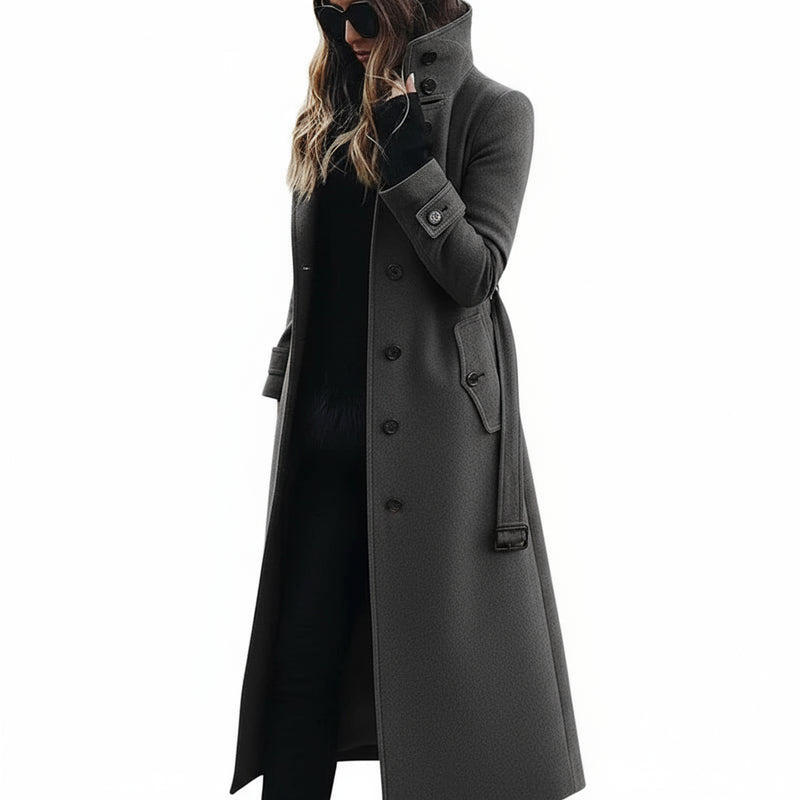 Nieuwe dames lange wollen jas - Warme herfstjas met hoge kraag - Casual trenchcoat met zakken en riem - Bivakshop