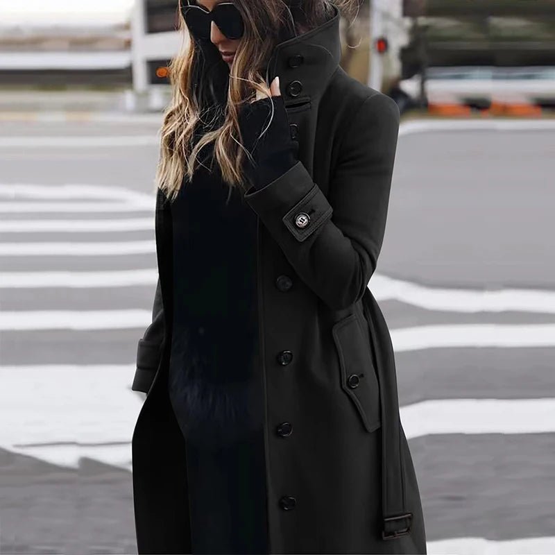 Nieuwe dames lange wollen jas - Warme herfstjas met hoge kraag - Casual trenchcoat met zakken en riem - Bivakshop