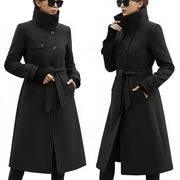 Nieuwe dames lange wollen jas - Warme herfstjas met hoge kraag - Casual trenchcoat met zakken en riem - Bivakshop