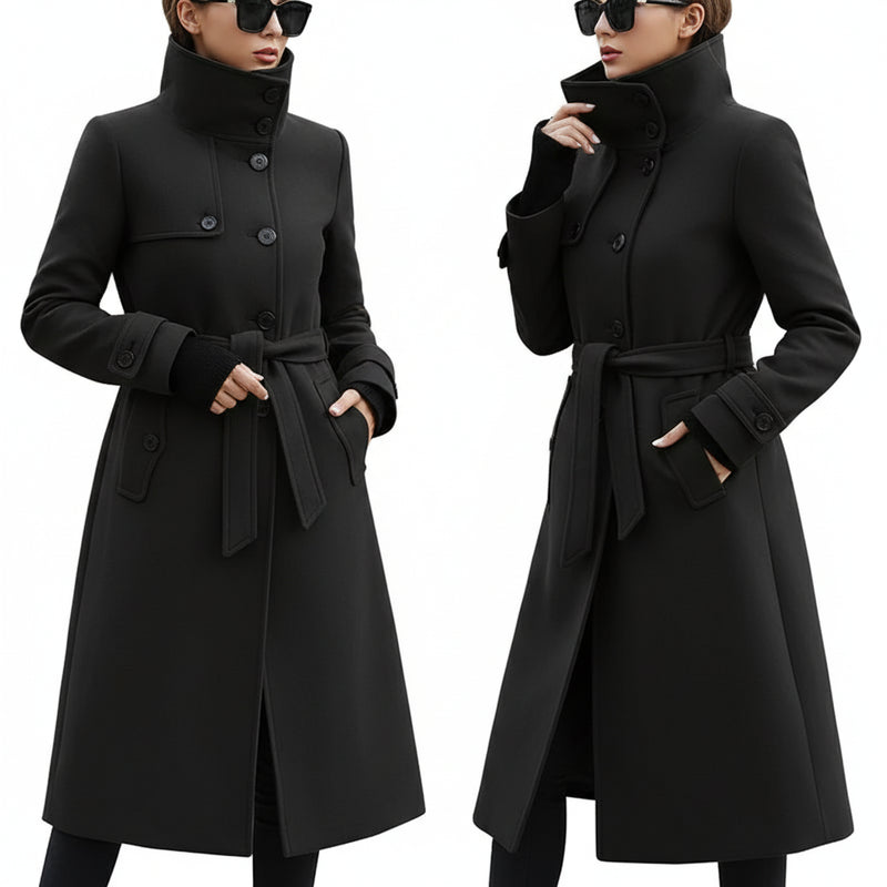 Nieuwe dames lange wollen jas - Warme herfstjas met hoge kraag - Casual trenchcoat met zakken en riem - Bivakshop
