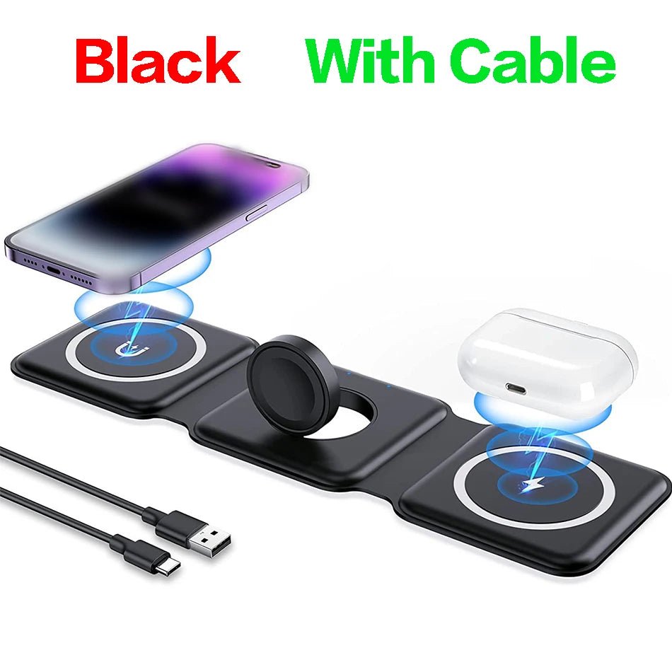 Opvouwbare 3 - in - 1 draadloos oplaadstation – 100W snellader voor iPhone, AirPods & iWatch - Bivakshop