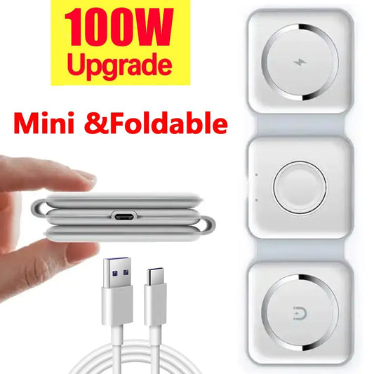 Opvouwbare 3 - in - 1 draadloos oplaadstation – 100W snellader voor iPhone, AirPods & iWatch - Bivakshop
