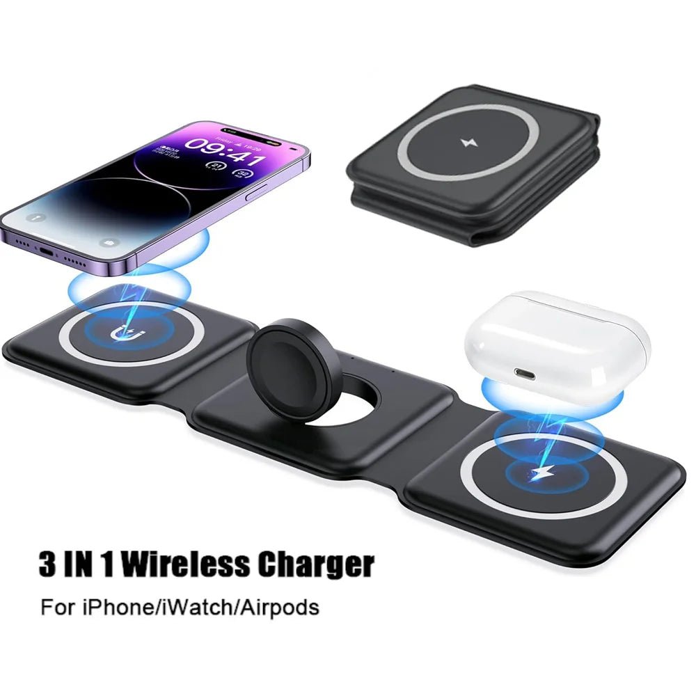 Opvouwbare 3 - in - 1 draadloos oplaadstation – 100W snellader voor iPhone, AirPods & iWatch - Bivakshop