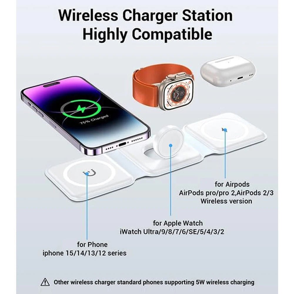 Opvouwbare 3 - in - 1 draadloos oplaadstation – 100W snellader voor iPhone, AirPods & iWatch - Bivakshop