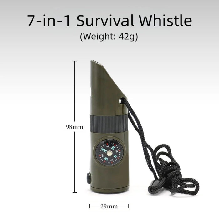 Outdoor 7 - in - 1 Survival Fluit – Multifunctionele Noodhulp Tool – Met LED - licht, Kompas & Thermometer - Bivakshop