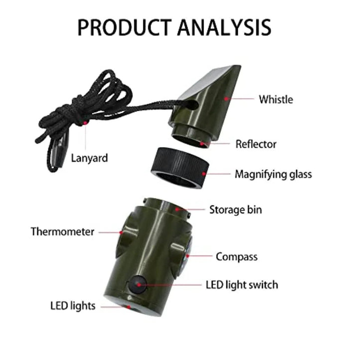 Outdoor 7 - in - 1 Survival Fluit – Multifunctionele Noodhulp Tool – Met LED - licht, Kompas & Thermometer - Bivakshop