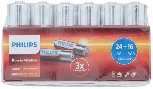 Philips - Alkaline Batterij Voordeelset – 40 Stuks (24×AA & 16×AAA) - Bivakshop