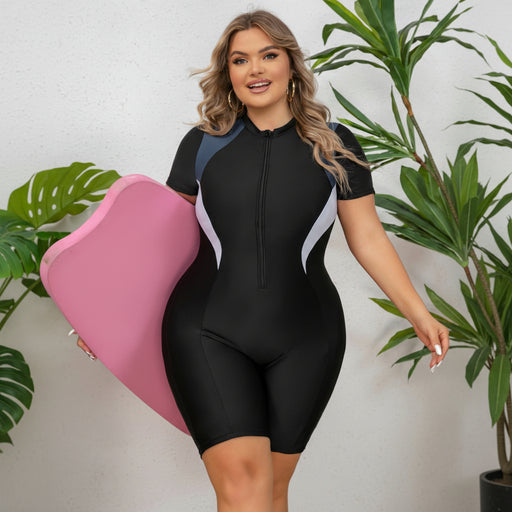 Plus size sportieve zwempak – Dames kleurblok - Korte mouwen met halve rits - Bivakshop