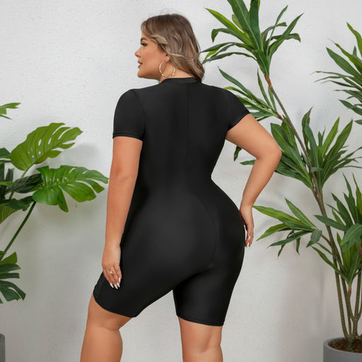 Plus size sportieve zwempak – Dames kleurblok - Korte mouwen met halve rits - Bivakshop
