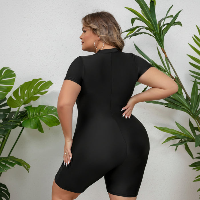 Plus size sportieve zwempak – Dames kleurblok - Korte mouwen met halve rits - Bivakshop