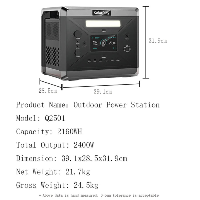 Q2501 / Q2402M Draagbare Power Station Q2501/Q2402M – 2400W AC – 2160Wh LiFePO4 Accu – Noodstroom & Solar Generator - Bivakshop