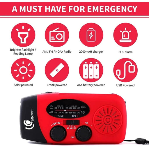 Solar hand crank LED zaklamp met AM/FM radio en 2000mAh powerbank - Bivakshop