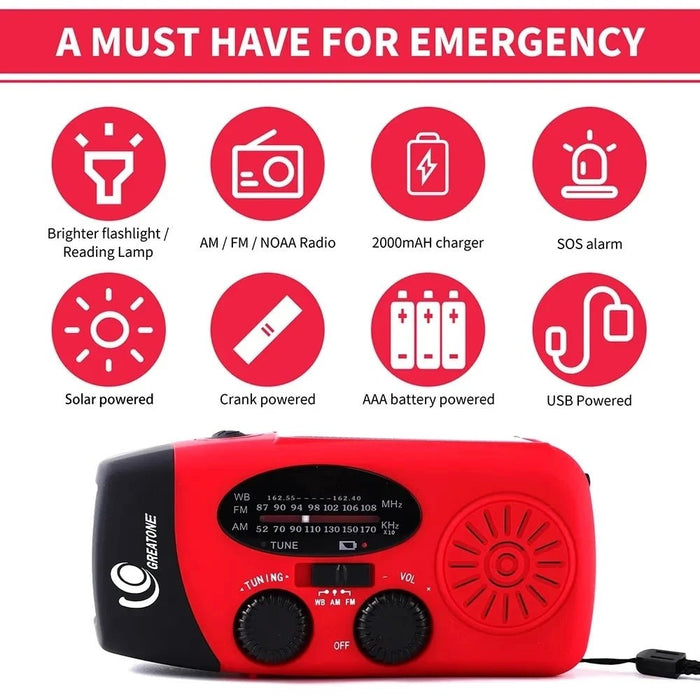 Solar hand crank LED zaklamp met AM/FM radio en 2000mAh powerbank - Bivakshop