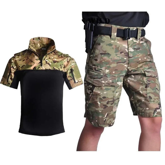 Tactisch camouflage pak – Ademend combatshirt en cargoshorts voor outdoor en hiking - Bivakshop