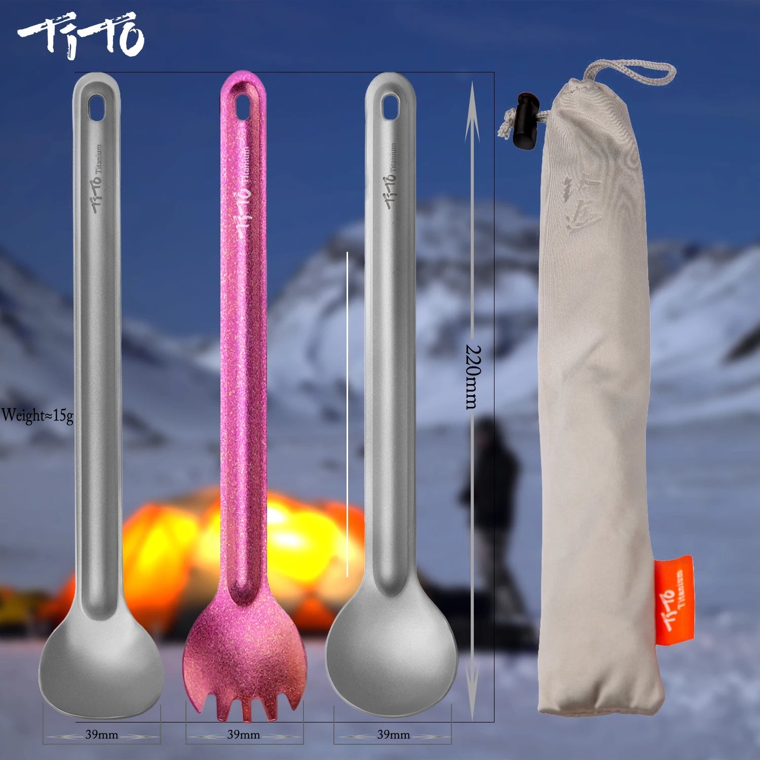 Titanium spork met lange steel - Ultralicht - Voor kamperen en picknicks - Bivakshop