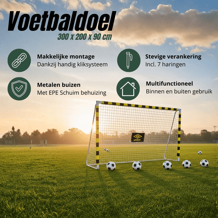 Umbro - Groot Voetbaldoel – 300 x 200 x 90 cm – Robuust Stalen Frame – Trainingsdoel - Bivakshop