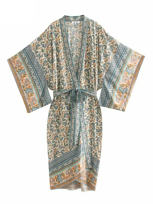 Vintage chique dames floral print - Batwing mouw - Strand boho kimono jurk - Bivakshop