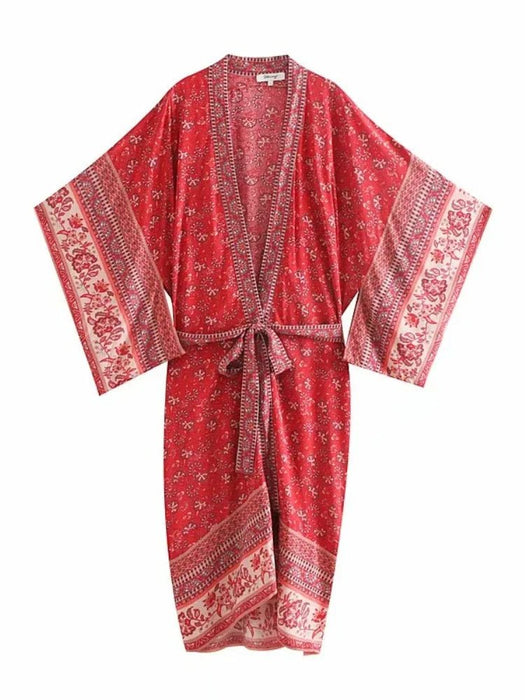 Vrouwen Bloemenprint Vleermuis Mouw Strand Bohemian Kimono Gewaad V Vrouwen Bloemenprint Vleermuis Mouw Strand Bohemian Kimono Gewaad V