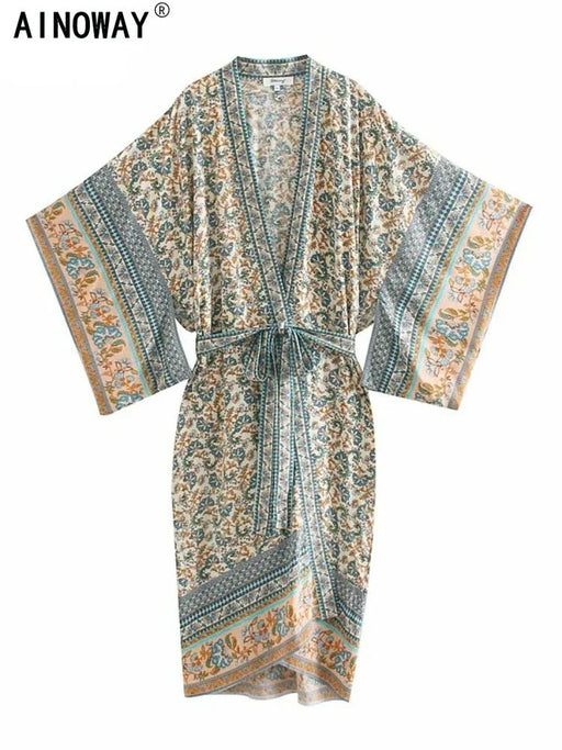 Vintage chique dames floral print - Batwing mouw - Strand boho kimono jurk - Bivakshop