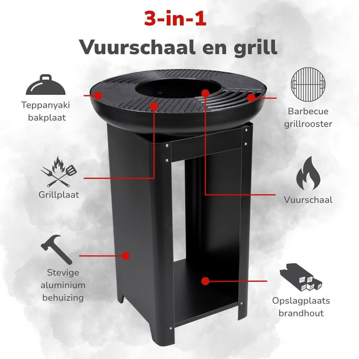 Alpina buitenhaard en BBQ grill Ø61 cm met houtopslag