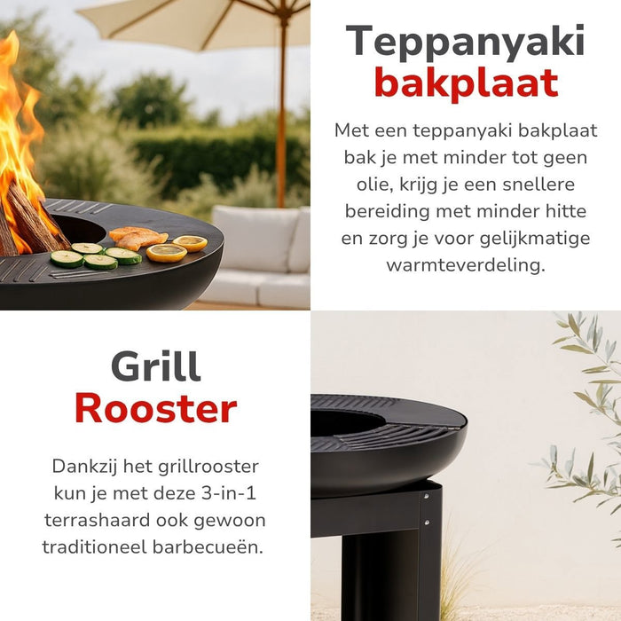 Alpina buitenhaard en BBQ grill Ø61 cm met houtopslag