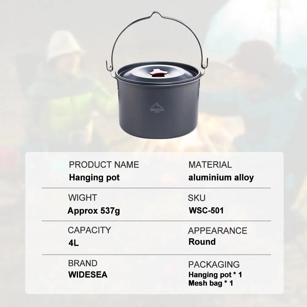 Widesea 4L camping hangpot – Outdoor kookgerei voor 4 - 6 personen – Aluminium lichtgewicht kookpot - Bivakshop