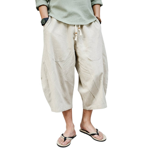 Wijde linnen-katoen heren broek streetwear trekkoord