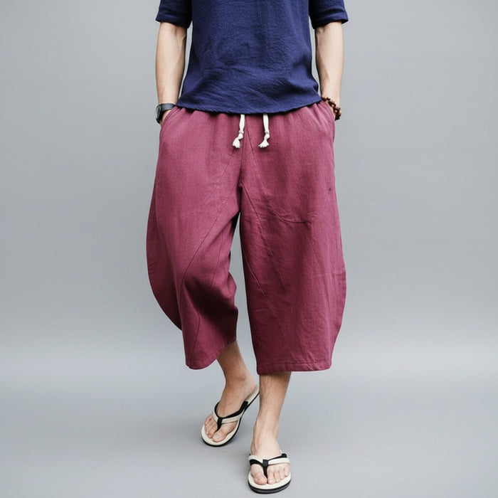 Wijde linnen-katoen heren broek streetwear trekkoord