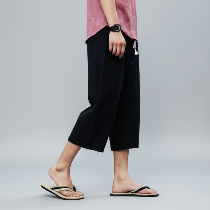 Wijde linnen-katoen heren broek streetwear trekkoord
