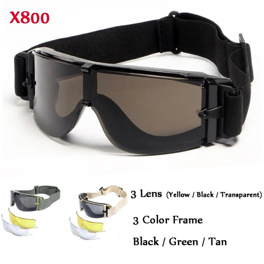 X800 tactische goggles – Winddichte veiligheidsbril met 3 verwisselbare lenzen voor airsoft, jacht & motorsport - Bivakshop