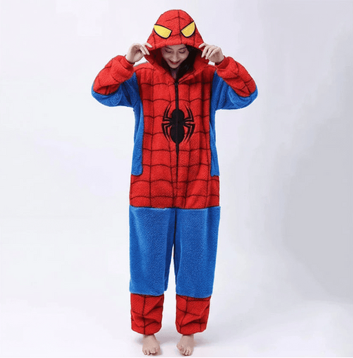Zachte Spin - Superheld Onesie voor Volwassenen – Pluche Jumpsuit – Rood/Blauw Carnavalspak & Huispak - Bivakshop