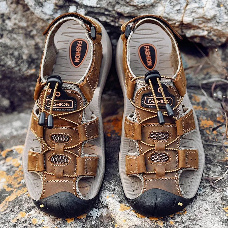 Zomers herensandalen - Van echt leer - Met elastische band en rubberen zool - Bivakshop