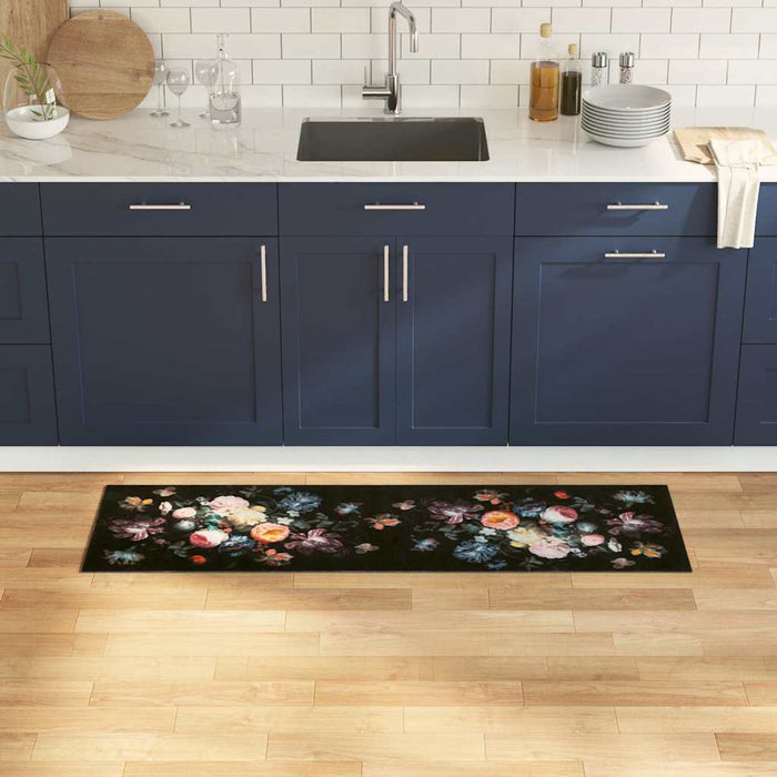 Zwart Keuken Vloerkleed – 180x60 cm – Fluweel Bloemen Design - Bivakshop