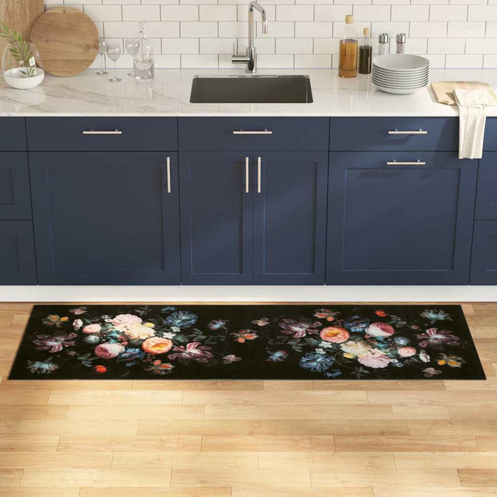 Zwart Keuken Vloerkleed – 180x60 cm – Fluweel Bloemen Design - Bivakshop