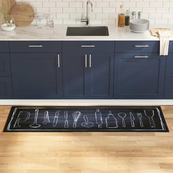 Zwart Keuken Vloerkleed – 300x60 cm – Fluweel Chef Design - Bivakshop