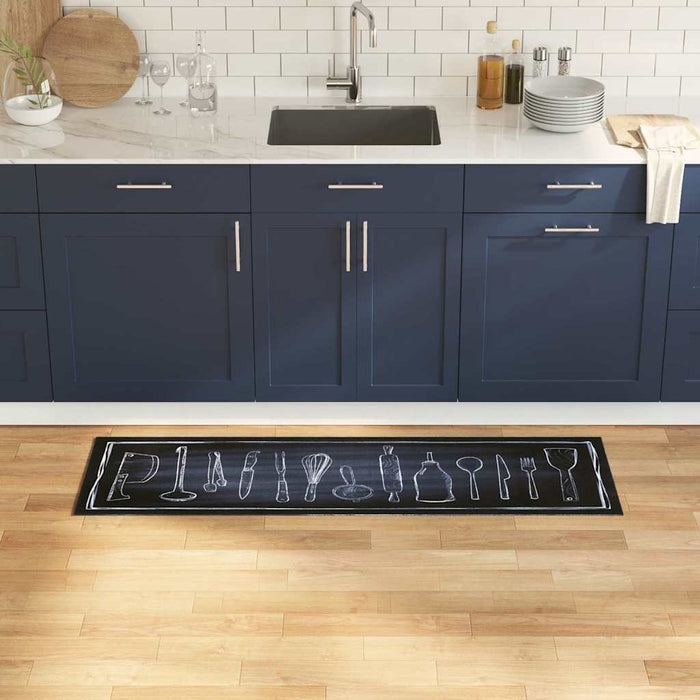 Zwart Keuken Vloerkleed – 300x60 cm – Fluweel Chef Design - Bivakshop