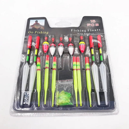 1 set (15Pcs) Vertical Buoy Sea Fishing Floats Assorted Size for Most Type of Angling with Attachment Rubbers Fishing Lures - Bivakshop
