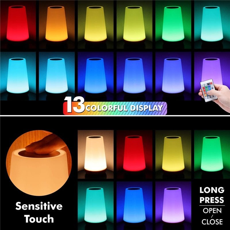 13 Kleur Veranderend Nachtlampje - Rgb Afstandsbediening - Dimbaar Touch - Usb Oplaadbaar - Bivakshop