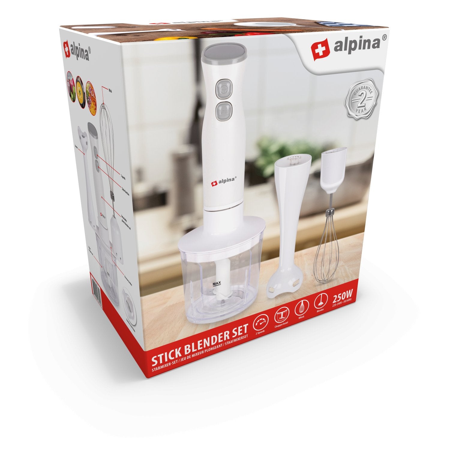 Alpina Staafmixer 2 Snelheden 250W - Multifunctionele Set met Blender, Hakmolen en Garde - Bivakshop
