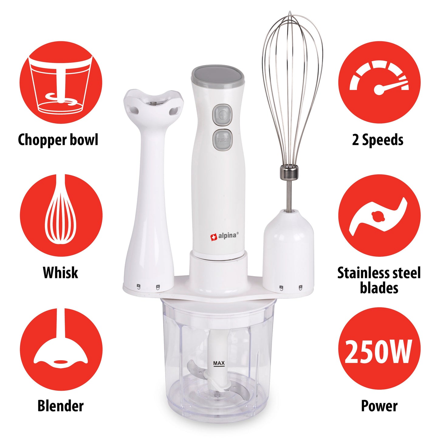 Alpina Staafmixer 2 Snelheden 250W - Multifunctionele Set met Blender, Hakmolen en Garde - Bivakshop