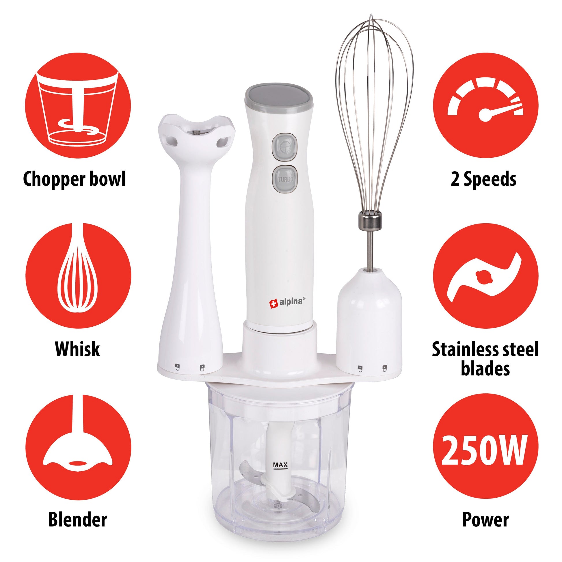 Alpina Staafmixer 2 Snelheden 250W - Multifunctionele Set met Blender, Hakmolen en Garde - Bivakshop