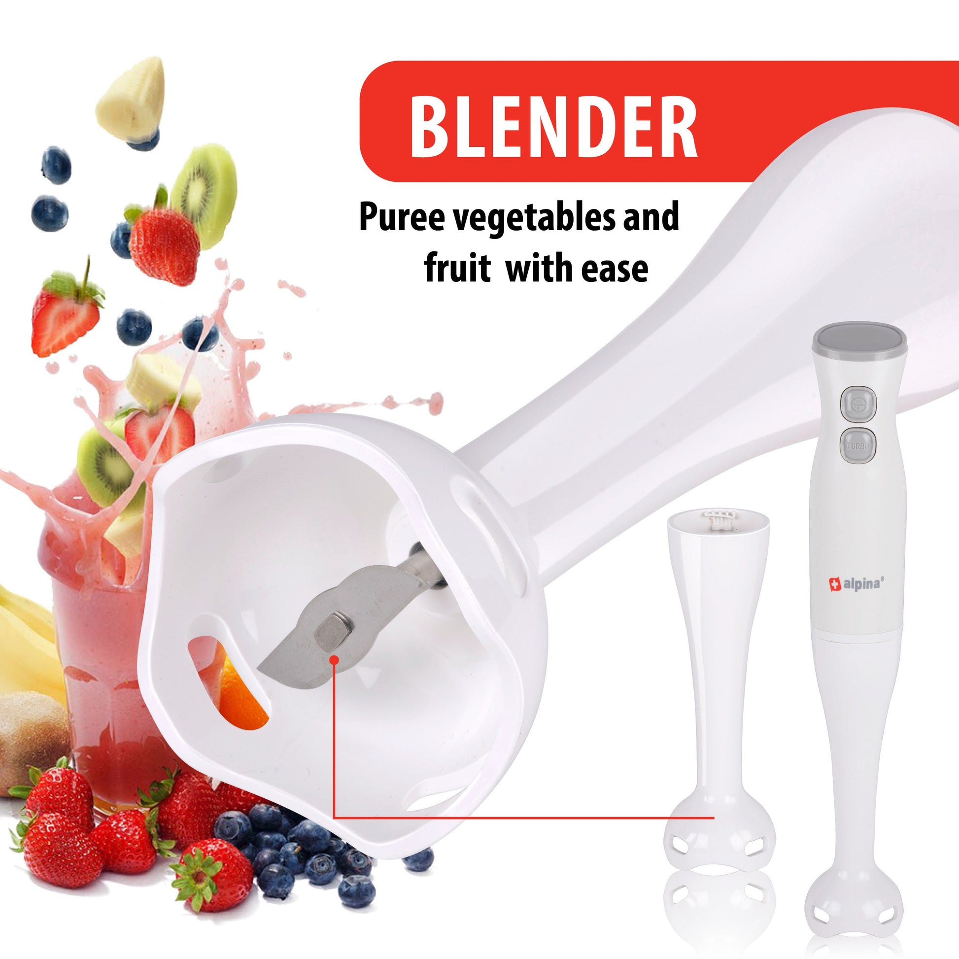 Alpina Staafmixer 2 Snelheden 250W - Multifunctionele Set met Blender, Hakmolen en Garde - Bivakshop