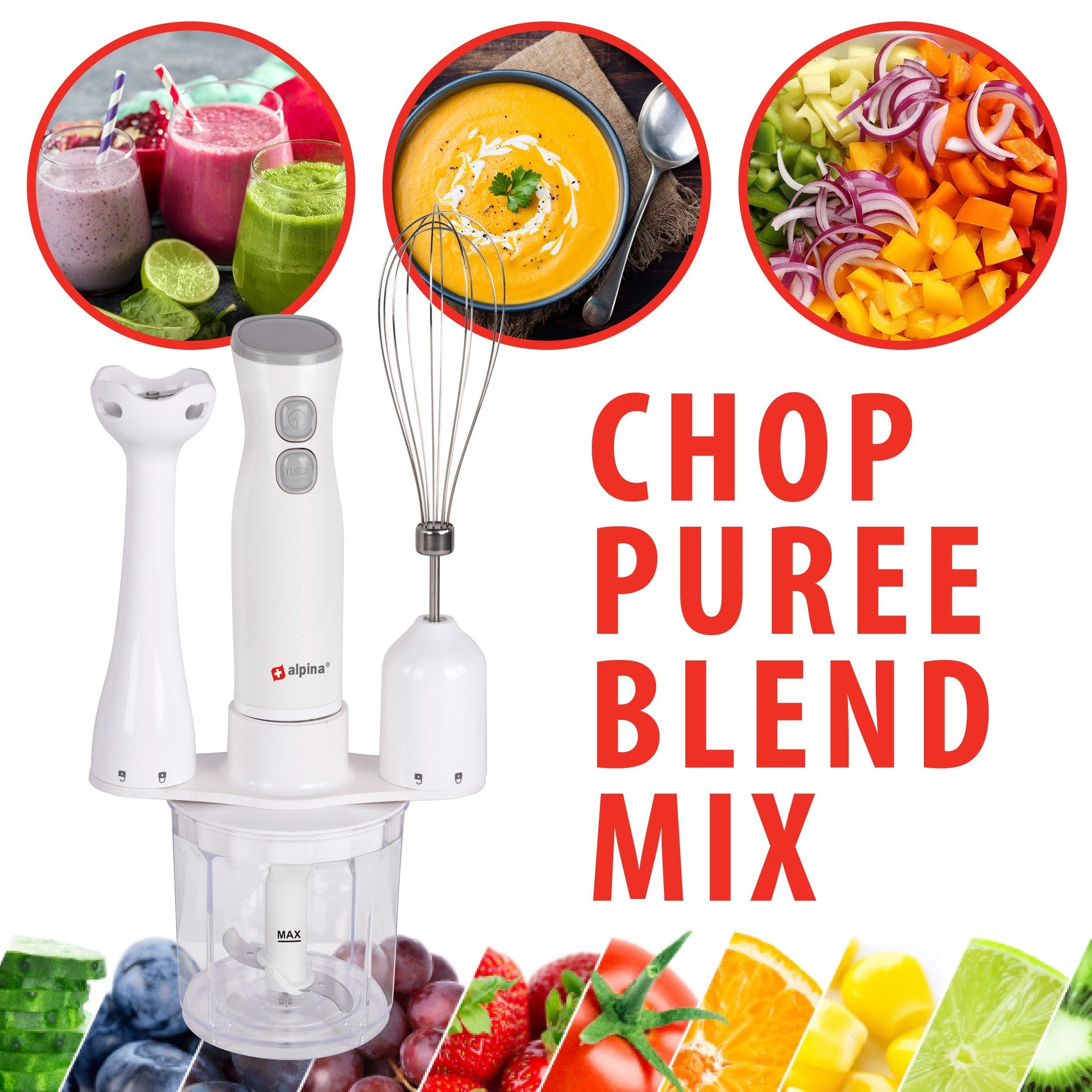 Alpina Staafmixer 2 Snelheden 250W - Multifunctionele Set met Blender, Hakmolen en Garde - Bivakshop