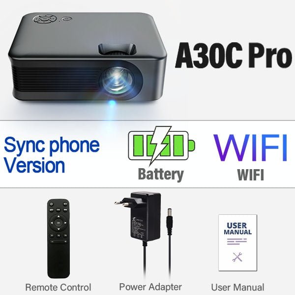 Aun Mini Projector A30C - Smart Tv Draagbare Home Theater - Cinema Met Batterij - Bivakshop