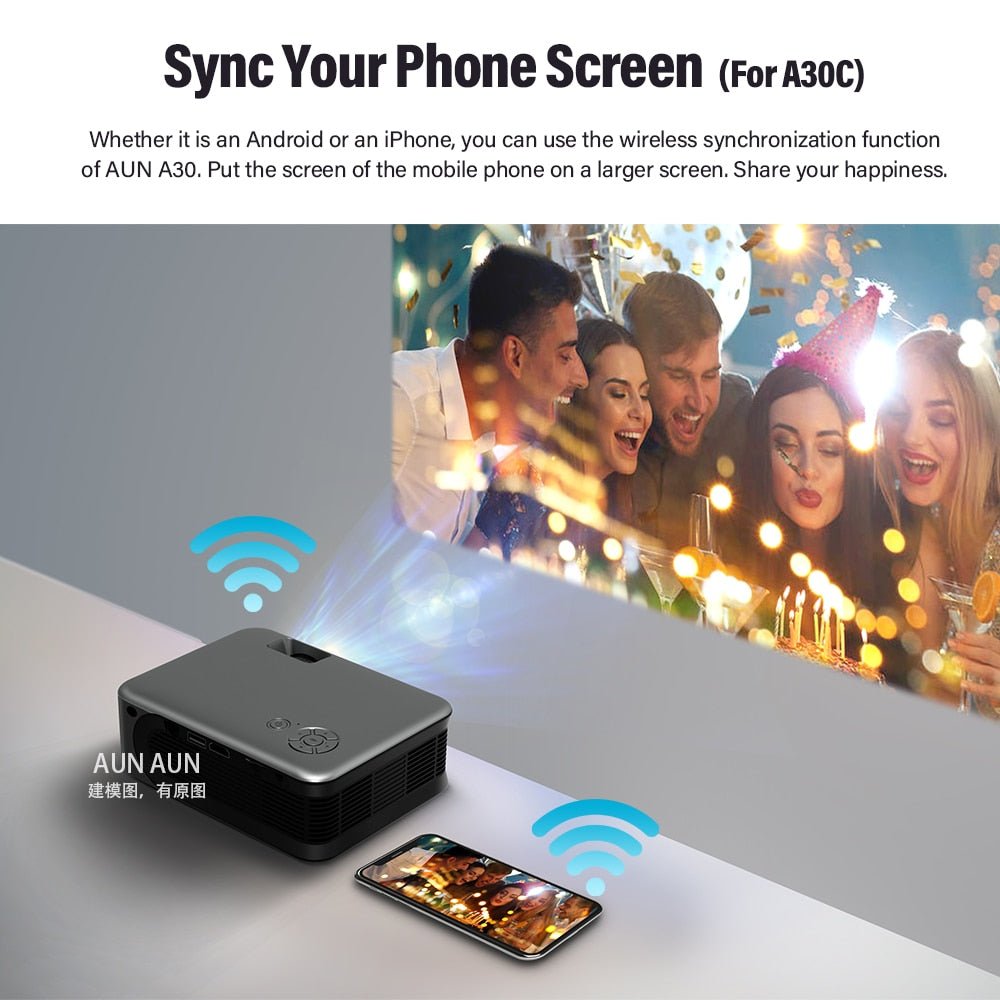 Aun Mini Projector A30C - Smart Tv Draagbare Home Theater - Cinema Met Batterij - Bivakshop