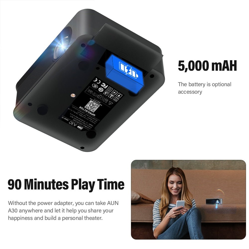 Aun Mini Projector A30C - Smart Tv Draagbare Home Theater - Cinema Met Batterij - Bivakshop