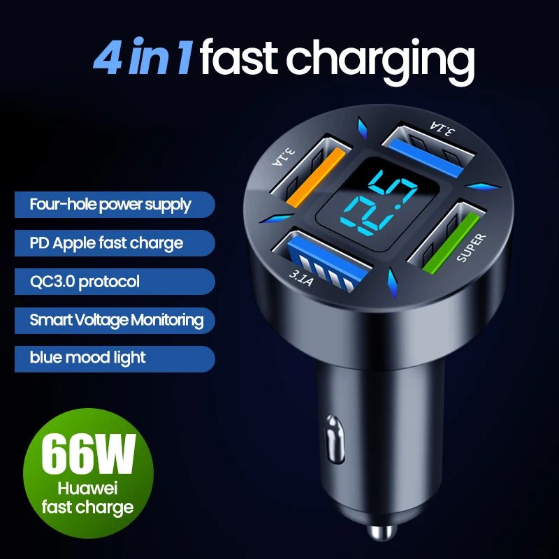 Auto oplader snellader sigarettenaansteker adapter - 4-port USB A+USB C - Bivakshop